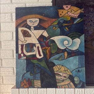 Abstract vintage cubism art signed fiber glass Art Canvas with Vibrant Colors